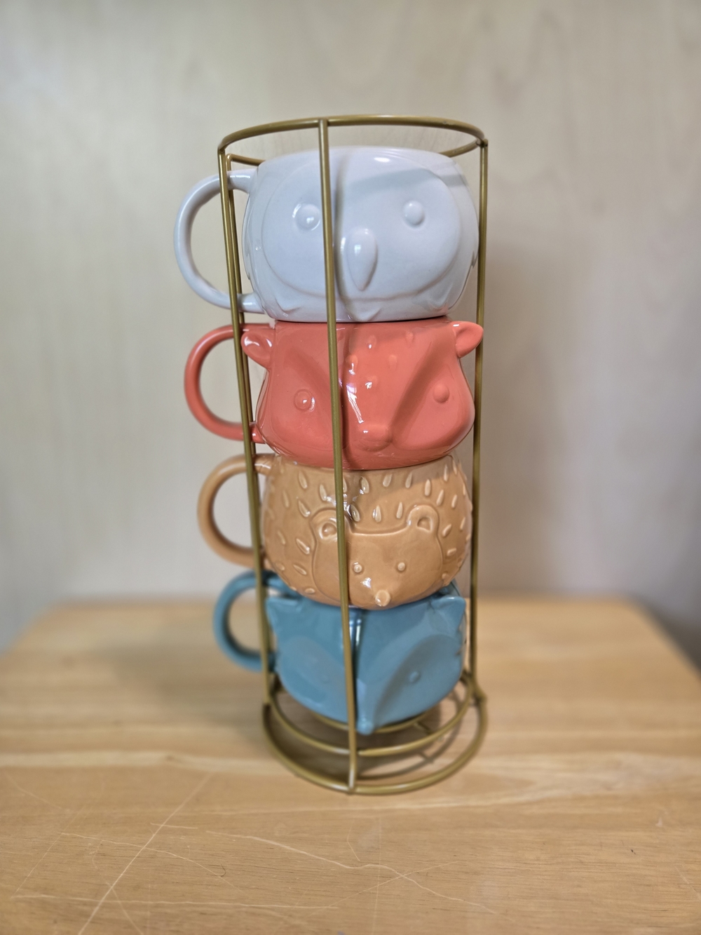 Stackable Owl and Animal Ceramic Mugs - White, Coral, Tan, Blue